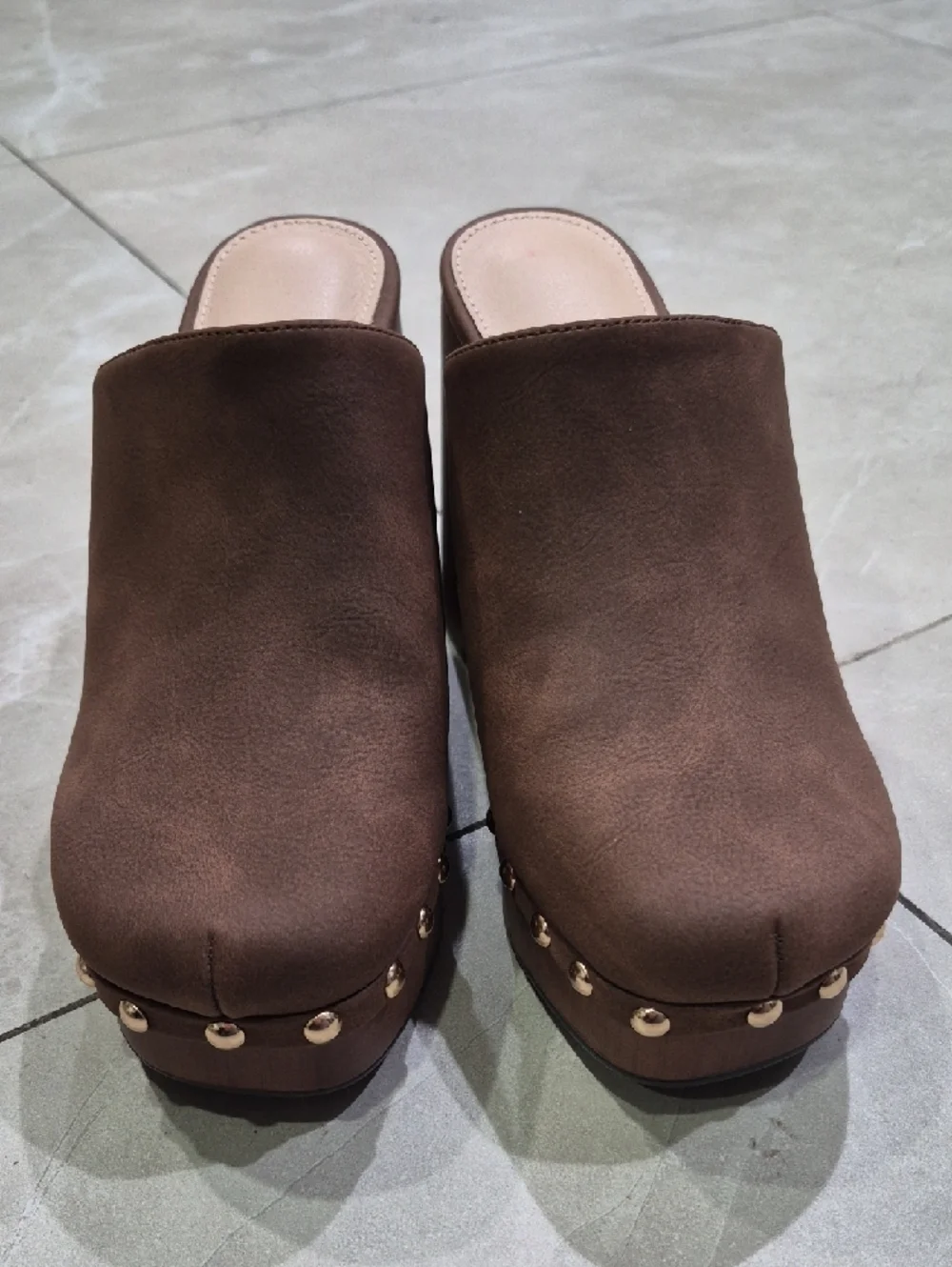Brown Studded Platform Clog Mules - Picture 2 of 9